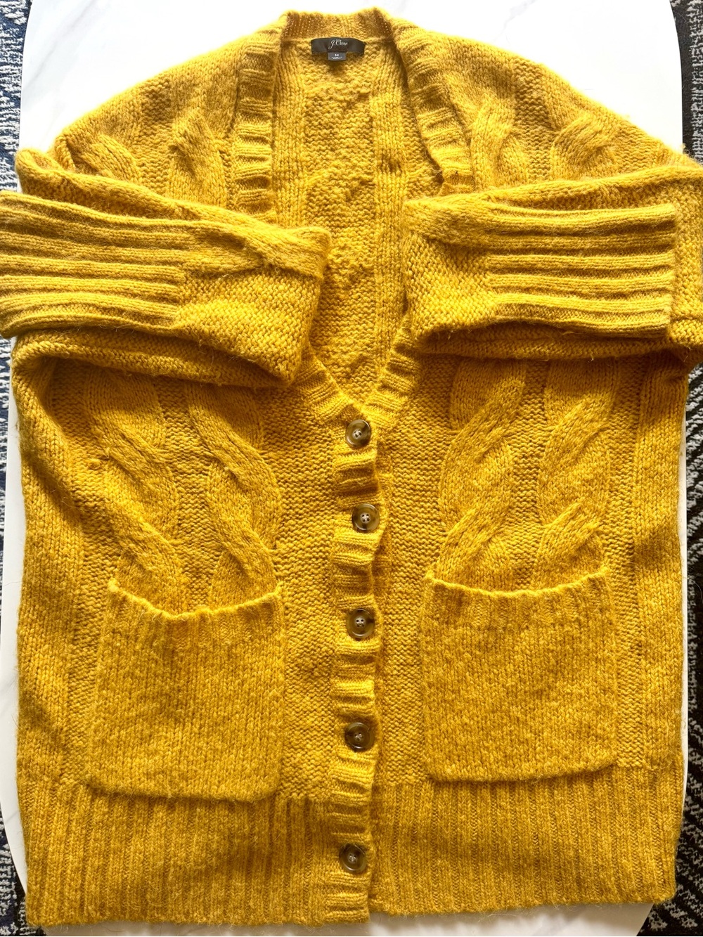 J.Crew Fuzzy Wool Blend Long Grandpa Cardigan: Cable-Knit in Mustard